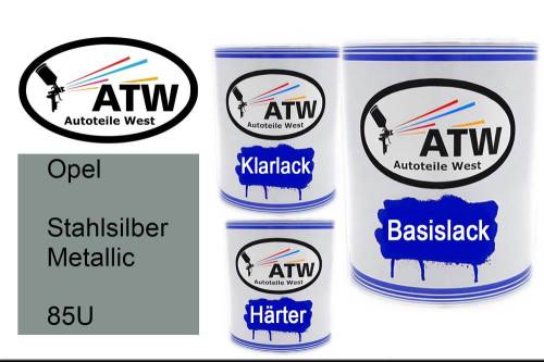 Opel, Stahlsilber Metallic, 85U: 1L Lackdose + 1L Klarlack + 500ml Härter - Set, von ATW Autoteile West.
